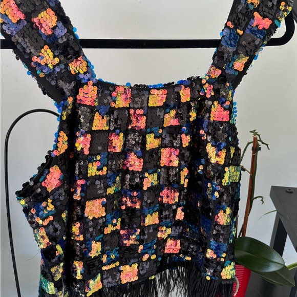 NWOT QUEEN OF SPARKLES Multicolor Sequin Checkered Top - Picture 2 of 2